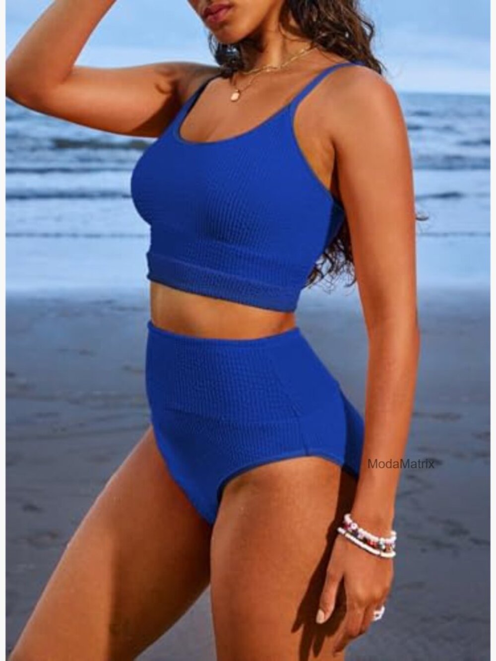 Large High Waisted Bikini Set Scrunch Ribbed Fabric Padded Top - Picture 2 of 7